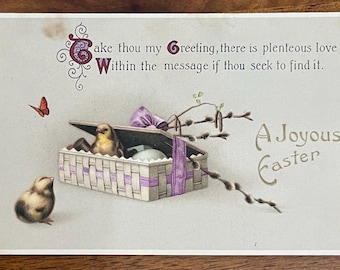 VGC Rare Vintage A Joyous Easter German Postcard Baby Chicks Play Gift Box Ribbon Greeting Gold Gilded Textured Embossed Antique Unsent 181