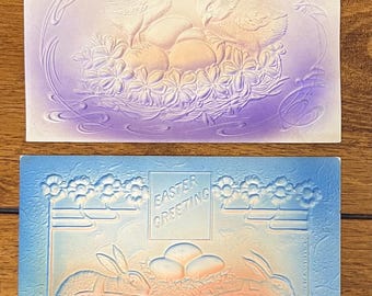 GC+ SET of 2 Rare Vintage 1907 Easter Postcard Anthropomorphic Bunny Chicks Colorful Textured Highly Embossed Antique Stamp Sent Unsent 949