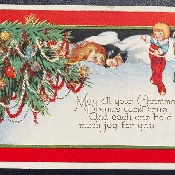 GC+ Rare Vintage Christmas Postcard Victorian Girls Sleep in Bed Puppy & Doll in Stocking Gold Gilded Textured Embossed Antique Unsent