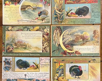 SET of 6 Rare Vintage 1909 German Thanksgiving Postcard Turkey Farm Harvest Corn Gold Gilded Textured Embossed Antique Stamp Sent Unsent 5
