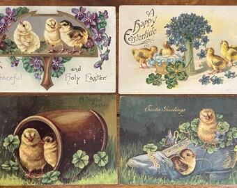 SET of 4 Rare Vintage 1907 German Easter Postcard Chicks Clover Shamrock Play Shoe Gold Gilded Textured Embossed Antique Stamp Sent Unsent5t