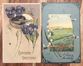 SET of 2 Rare Vintage 1909 Happy Birthday German Postcard Flowers Garden Landscape Gold Gilded Textured Embossed Antique Stamp Sent 44