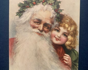 VGC Vintage Tuck's Post Card German Santa Claus White Fluffy Beard Holly Crown Little Girl Posing Belsnickle Raphael Sons Unsent England UK