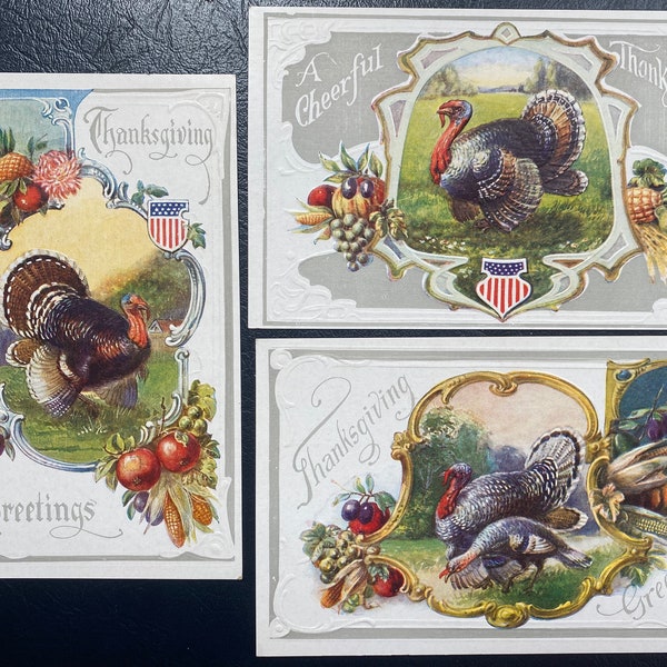 GC+ SET of 3 Rare Vintage Thanksgiving Postcard Turkeys Harvest Grapes Pumpkin Flag Textured Embossed Antique Nearly Unwritten Unsent 730