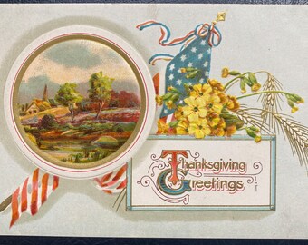 GC+ Rare Vintage Thanksgiving P. Sander Postcard American Flag Countryside Flower Gold Gilded Textured Embossed Antique Unwritten Unsent 734