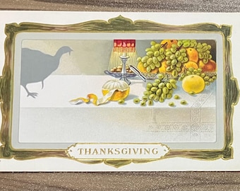 VGC+ Rare Vintage Thanksgiving Henderson Postcard Dinner Table Turkey Shadow Gold Gilded Textured Embossed Antique Unwritten Unsent 137