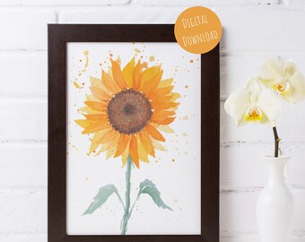 Watercolor Sunflower Wildflower Printable Painting | Autumn Boho Home Decor