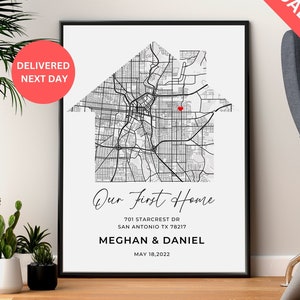 Eerste nieuwe thuiscadeau voor paar huisvormige kaartposter, aangepaste gepersonaliseerde housewarming-geschenken, eerste huiscadeau voor paar, ons eerste huis