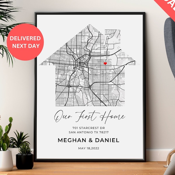 First New Home Gift for Couple House Shaped Map Poster,  Custom Personalized Housewarming Gifts, First Home Gift for Couple, Our First Home