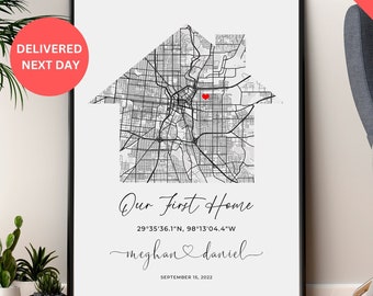 First New Home Gift for Couple House Shaped Map Poster Custom City Map Art Print Frame Canvas Personalized Anniversary Gift for Him Her