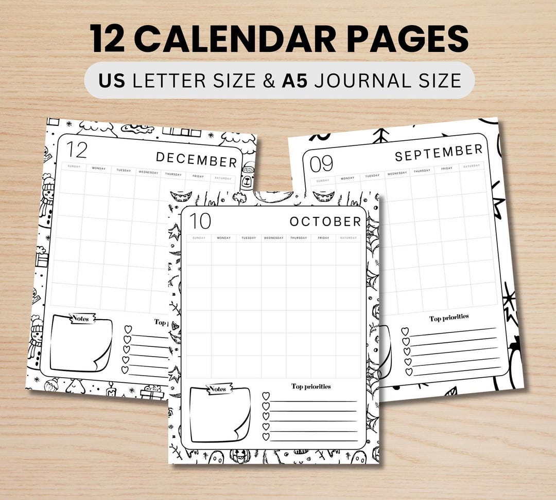 12 Month Calendar, PRINTABLE Journal Calendar Template, Printable ...