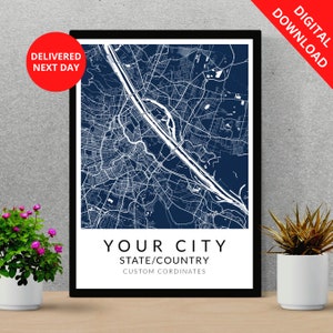 CUSTOM CITY Map, Personalized Map Poster, Printable Map Wall Art, Instant Download Map of Your Location, Any Town, City, Map Gift, DIGITAL