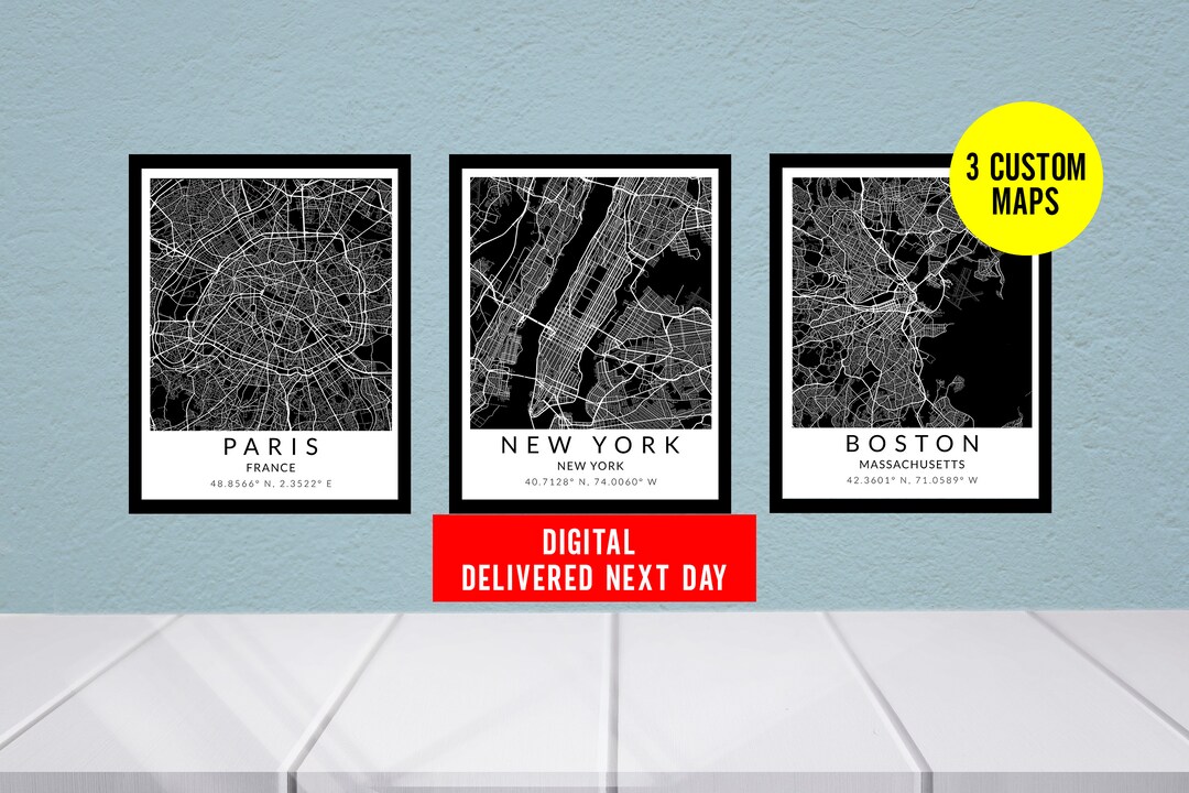 Personalized Set of 3 Any City Map Prints Custom Locations Home Town ...