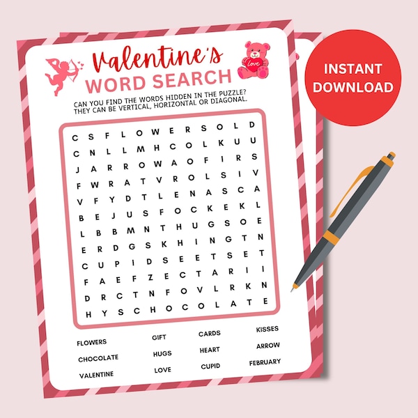 Valentines Day Word Search, Valentines Day Game, Valentines Party Game, Valentines Day Activity, Valentines Day Printable, Word Search