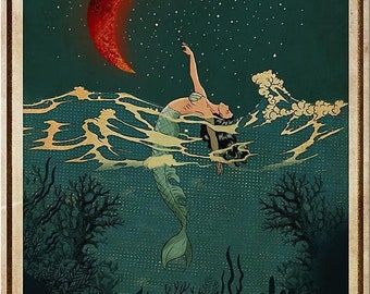 Stay Wild Moon Child Starry poster, Vintage Mermaid and moon Ocean Sea Blue Decor Poster