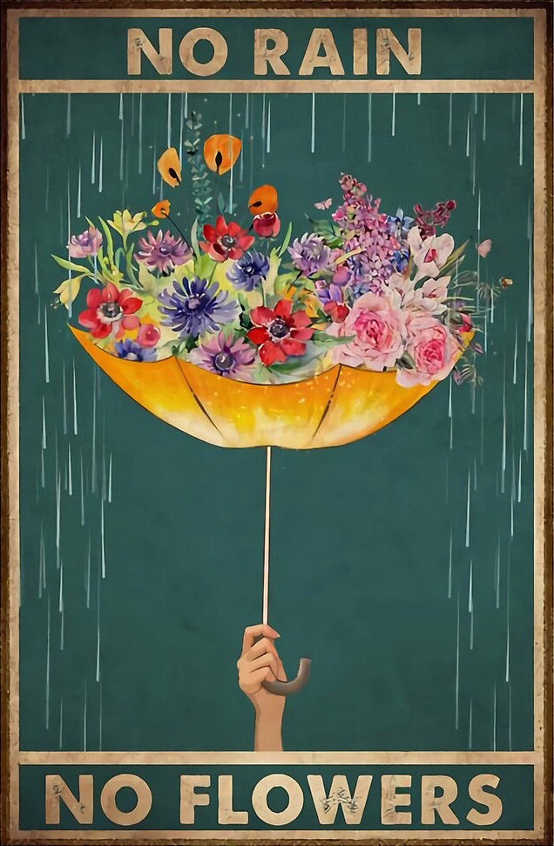 Flower Umbrella No Rain No Flowers Vintage Poster Home Decor Wall