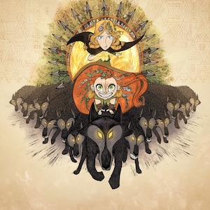 May include: A digital illustration of a woman with red hair and a green dress riding a wolf. She is surrounded by a pack of wolves. The woman is wearing a crown of flowers and has a mischievous expression on her face. The background is a light brown color with a pattern of triangles.