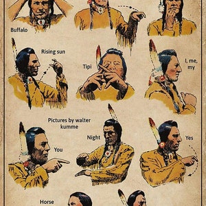 Puede incluir: Una ilustración de estilo vintage del lenguaje de señas nativo americano. La ilustración muestra una serie de imágenes de un nativo americano demostrando diferentes señas. Las señas incluyen: búfalo, puesta de sol, hombre, sol naciente, tipi, yo, tú, noche, sí, caballo, jinete y vete, vete.