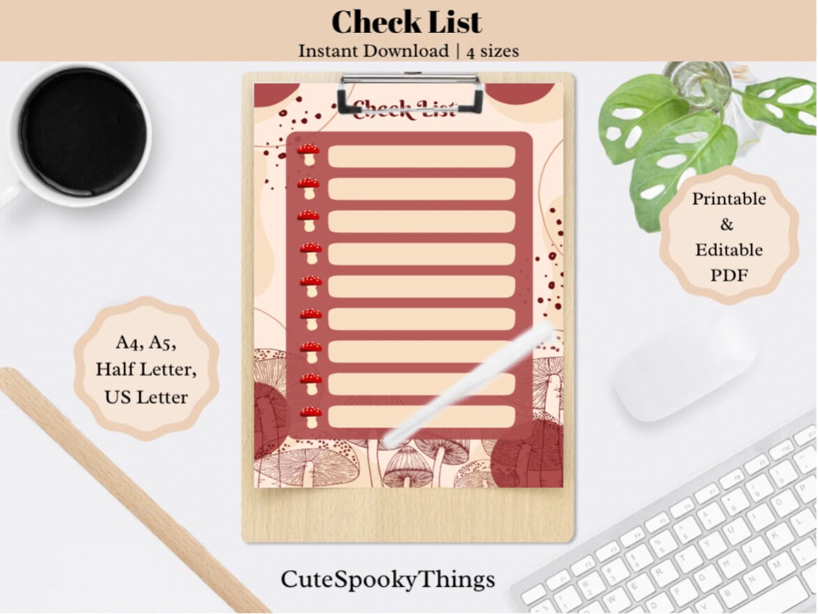 Check List Fillable Printable Minimalist Mushroom Red - Etsy UK