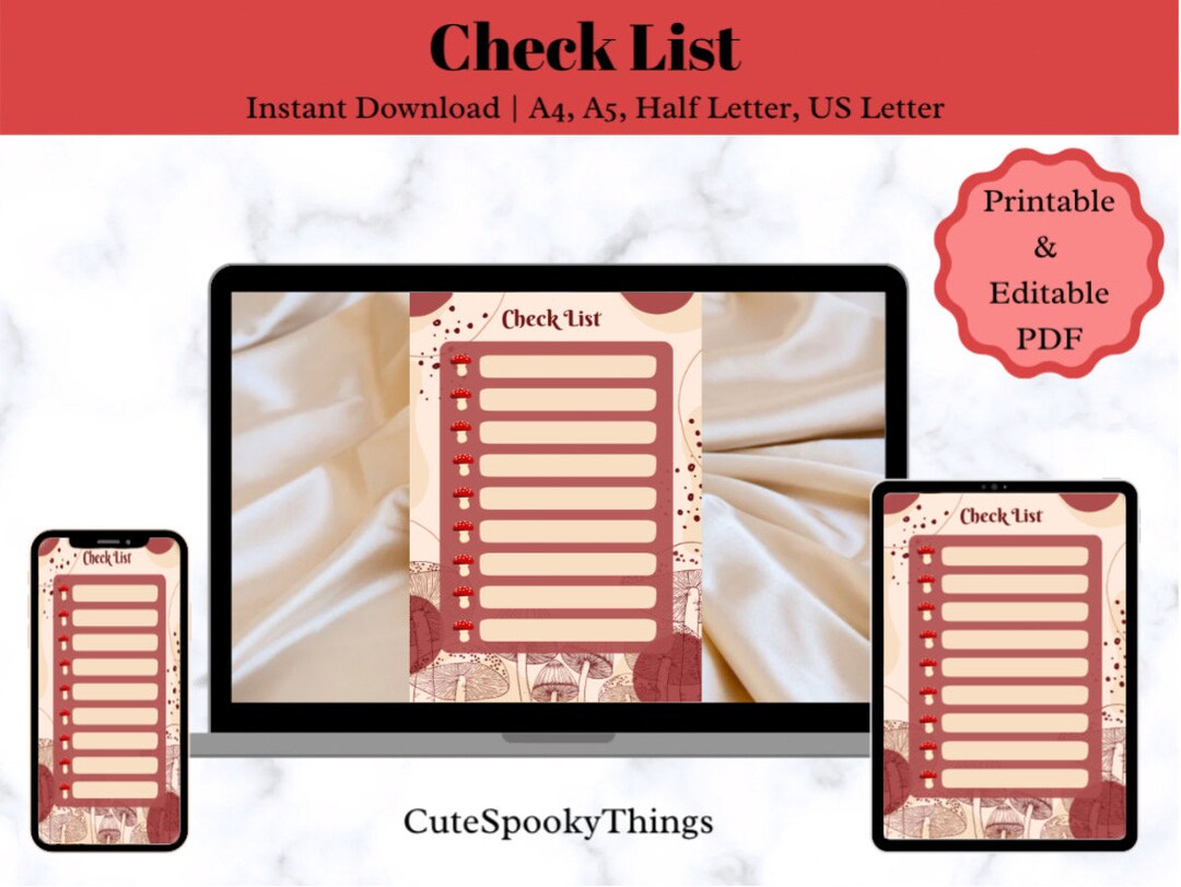 Check List Fillable Printable Minimalist Mushroom Red 4 Sizes PDF ...