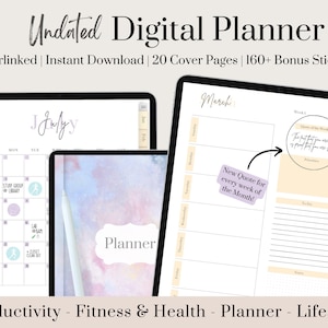 May include: A digital planner with a watercolor background and the text "Planner" in a white box. The planner is undated and includes 20 cover pages and 160+ bonus stickers. The image shows a monthly calendar page with the month of July and a weekly planner page with the month of March. The weekly planner page includes a quote for the week.