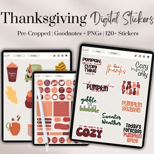 May include: A digital sticker set with a Thanksgiving theme. The stickers feature fall-themed illustrations and text, including "Pumpkin Spice", "Cozy Vibes", "Gobble Till Ya Wobble", and "Sweater Weather".