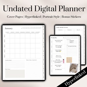 May include: A digital planner with a black and white design. The planner includes a monthly calendar, weekly planner, and yearly calendar overview. The planner is undated and includes hyperlinks. The image also shows bonus stickers.