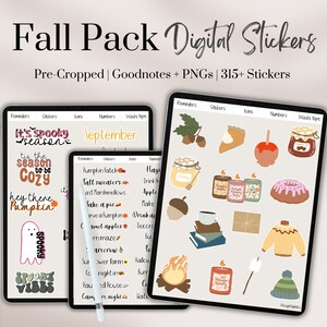 May include: A digital sticker pack for Goodnotes and PNGs featuring fall-themed illustrations. The stickers include images of pumpkins, leaves, candles, sweaters, and more. The text "Fall Pack Digital Stickers" is displayed at the top of the image. The text "Pre-Cropped | Goodnotes + PNGs | 315+ Stickers" is displayed below the title.
