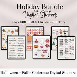 May include: A digital sticker bundle featuring over 600 Halloween, fall, and Christmas themed stickers. The stickers are displayed on digital tablet screens, showcasing a variety of designs, including pumpkins, ghosts, candy corn, and Christmas trees.