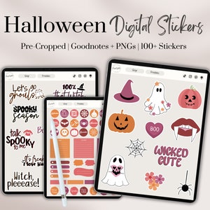 May include: Two digital tablet screens displaying a collection of Halloween themed digital stickers. The stickers feature various spooky characters and phrases, including ghosts, pumpkins, bats, spiders, and witches. The text on the screen reads "Let's go ghouls", "Spooky Season", "Talk Spooky to me", "100% that witch", "Boo", "Wicked Cute", and "Witch, pleeease!"