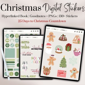 May include: A digital sticker pack for Goodnotes featuring a Christmas countdown with 25 days of stickers. The stickers are in a variety of colors and designs, including gingerbread men, Santa Claus, snowflakes, and Christmas trees. The text "Merry & Bright", "Jingle all the way", "Mistletoe & hot cocoa", "Holly Jolly", "All is Calm All is Bright", "It's the most wonderful time of the year", and "Deck the Halls" are included in the sticker pack.