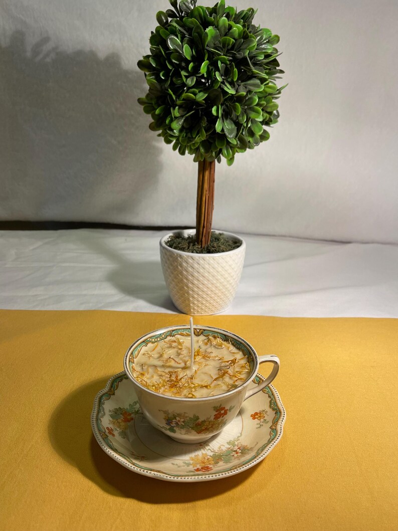 Vintage England Tea Cup and Saucer. Apple Cider Essential Oil, Soy Wax and Mum Petals. Etsy