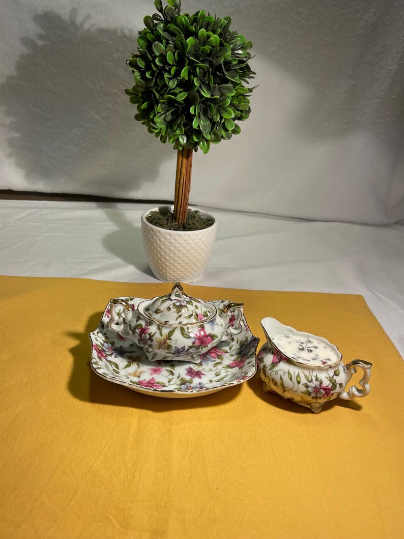 Fine China Milk Pitcher and Sugar Bowl on Serving Dish . Lavender