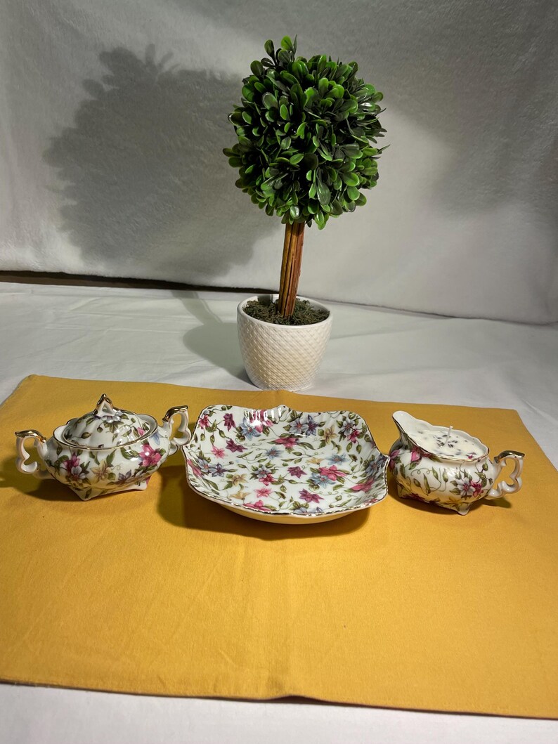 Fine China Milk Pitcher and Sugar Bowl on Serving Dish . Lavender