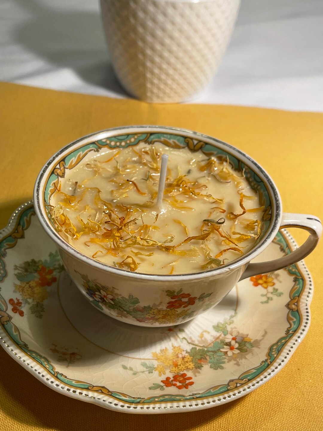 Vintage England Tea Cup and Saucer. Apple Cider Essential Oil, Soy Wax and Mum Petals. Etsy