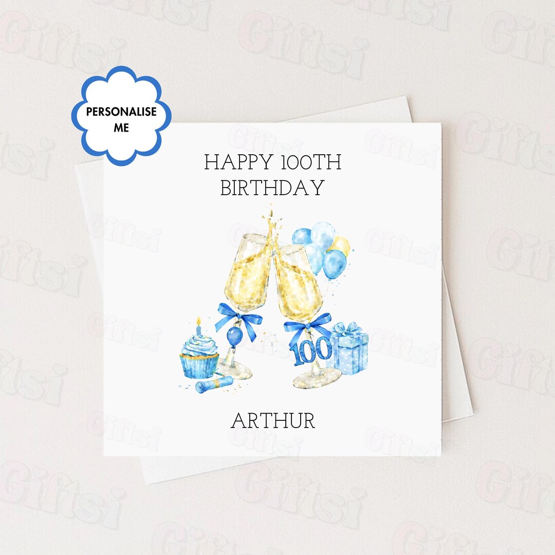 Personalised 100th Birthday Card – Custom Name Blue or Pink Centenary ...