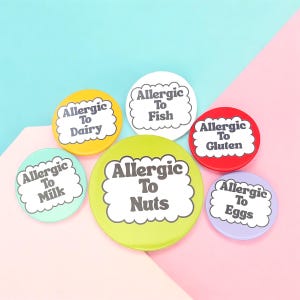 Allergy Alert Badges: Dairy, Gluten, Nut, Egg, Fish, Milk