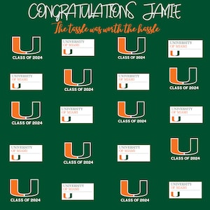Peut inclure: Félicitations Jamie ! Le diplôme valait la peine. Un fond vert avec 12 logos de l'Université de Miami. Chaque logo est un U blanc avec un contour orange. Le texte "Classe de 2024" est sous chaque logo.