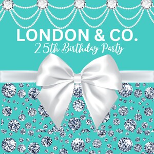 Peut inclure: Fond turquoise avec un nœud blanc et des diamants. Le texte "LONDON & CO. 25th Birthday Party" est affiché en blanc. Des guirlandes décoratives de diamants et de perles sont en haut.