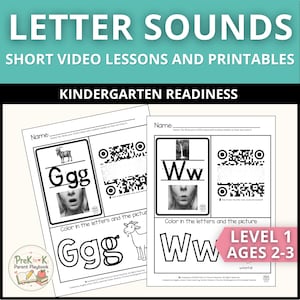 Letter Sounds Worksheets & QR Code Video Lessons | Level 1 | Ages 2.5–3