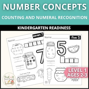 Peut inclure: Deux feuilles d'exercices éducatives intitulées Number Concepts Counting and Numeral Recognition pour la préparation à la maternelle. Les pages présentent des dessins au trait noir et blanc d'objets, de bocaux et d'animaux avec du texte à tracer.