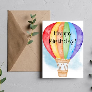 Cartão de feliz aniversário com balão de ar quente em aquarela | Cartão de aniversário caprichoso | Download digital