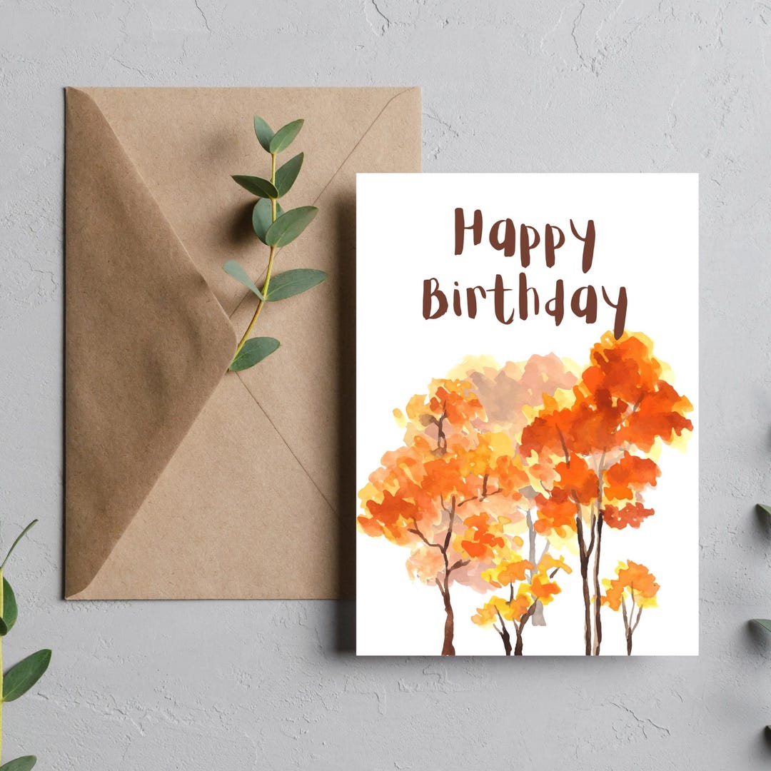 Autumn Forest Happy Birthday Card | Watercolor Fall Theme (digital ...