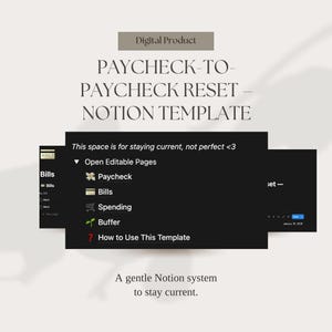 Könnte beinhalten: Grafik eines digitalen Produkts mit dem Text "PAYCHECK-TO-PAYCHECK RESET - NOTION TEMPLATE." Das Bild zeigt eine schwarze Notion-Vorlagenoberfläche mit Abschnitten für Paycheck, Bills, Spending und Buffer. Der Text "This space is for staying current, not perfect <3" ist ebenfalls sichtbar.