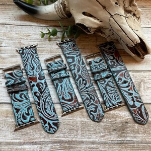 Apple Watchband Leather Turquoise Tooled 42 44 45 mm Myra Watch Band Western Fister
