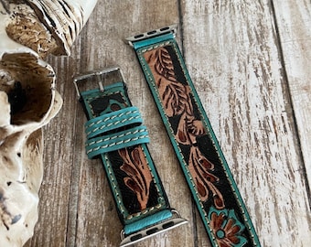 Leather Apple Watch Band 38-40-41 mm Western Tooled Turquoise Watchband Flora Falls