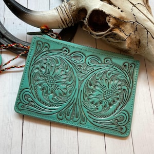 Cartera para tarjetas de crédito de bolsillo de cuero repujado azul turquesa Myra