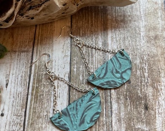 Western Earrings Tooled Turquoise Leather
