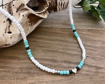 Western Seed Bead Choker: Turquoise, White & Silver Heart Necklace