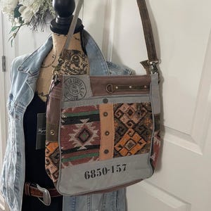 Myra Bag Western Leather & Upcycled Canvas Crossbody Bag For Women - Adjustable Shoulder Bag, Sandstone